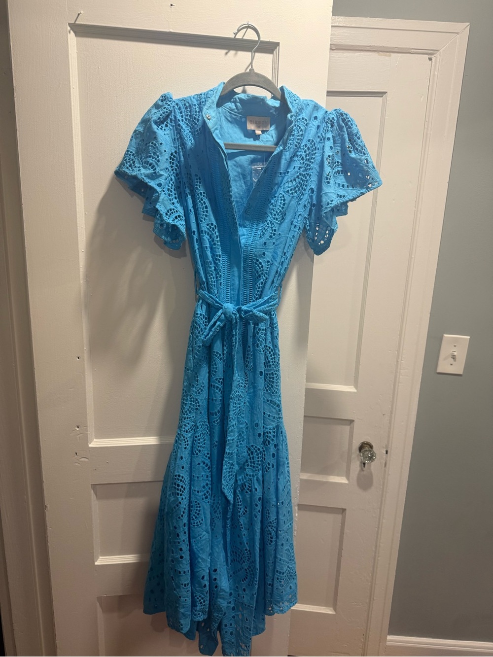 Bright Blue Eyelet Wrap Midi Dress with Tie Waist